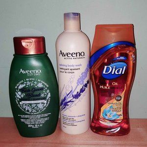 3pc Aveeno shampoo & body wash & Dial marula oil